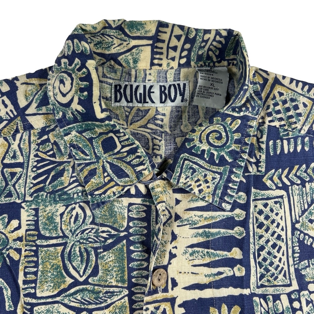 Vintage 90s Bugle Boy Men's XL Blue Cream Abstract Tribal Print Shirt